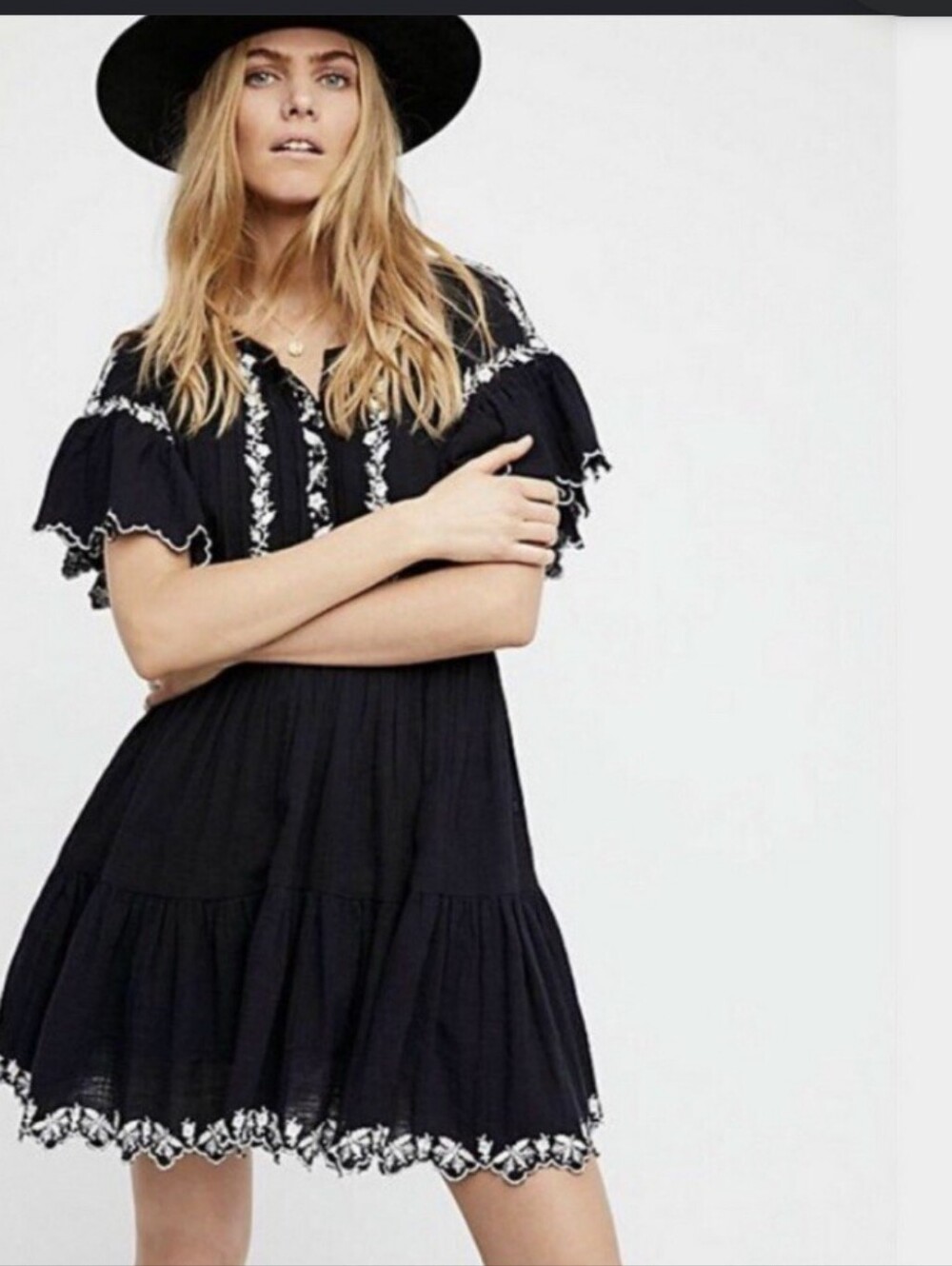Free People Santiago Black Embroidered Short Sleeve Tiered Oversized Dress Sz S